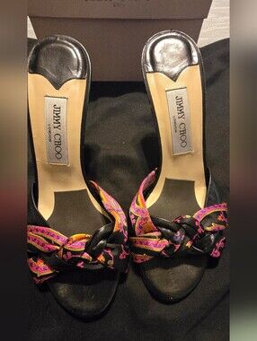 Jimmy Choo Black Leather Slides with Pink and Orange Knotted Print